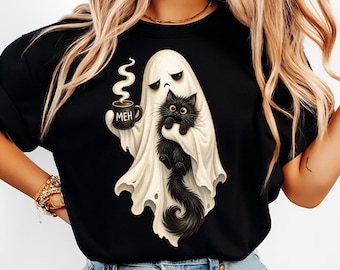 Funny Halloween Ghost Cat Coffee PNG, Spooky Sublimation Art (Digital Download)