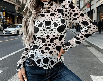 Cow Print Mesh High Neck Top, Women’s Sheer Long Sleeve Blouse, Black White Animal Print Layering Shirt
