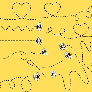 Peut inclure: Un fond jaune avec des lignes pointillées noires formant des cœurs et d'autres formes. Des abeilles noires et blanches volent le long des lignes pointillées.