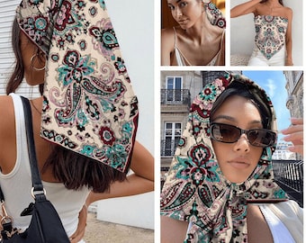 Boho Paisley Floral Square Bandana, Vintage Style Hair Scarf, Colorful Head Scarf, Neck Scarf Gift for Her