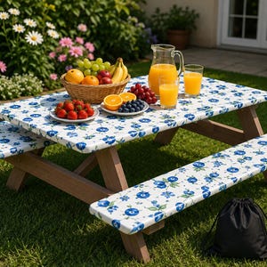 Può includere: Un tavolo da picnic in legno con due panche coperto da un tessuto bianco con motivo floreale blu. Sul tavolo si trovano un cesto di vimini con frutta assortita, due piatti con bacche e agrumi, una caraffa di vetro e due bicchieri di succo d'arancia.