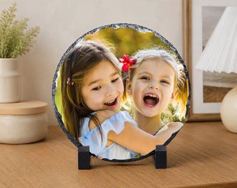 Personalized Round Memorial Photo Rock Slate Frame, Custom Bereavement Sympathy Gift, In Loving Memory Stone Plaque Keepsake