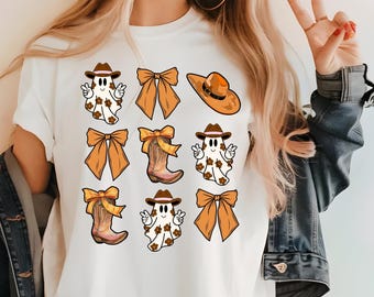 かわいいハロウィンカウボーイゴースト svg、ハロウィンコケットボウ PNG、ハウディハロウィンシャツ PNG、ゴーストブー PNG、ハロウィン svg、コケットボウ PNG