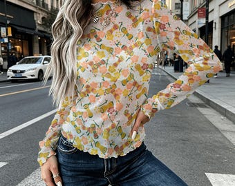 Boho Floral Mesh Top for Women, High Neck Sheer Long Sleeve Shirt, Lightweight Layering Blouse
