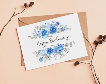 Afdrukbare verjaardagskaart voor haar-gelukkige verjaardag-aquarel bloemen, 5 x 7 wenskaart, moeder, zus, vrouw, oma, pdf direct download