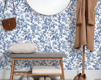 Blue White Chinoiserie Wallpaper, Vintage Floral Birds, Peel and Stick Wall Covering