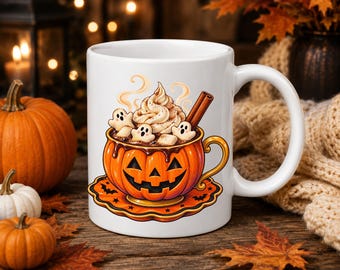 Halloween Coffee PNG, Pumpkin Spice PNG, Ghost Hot Cocoa Clipart, Jack O Lantern Mug PNG, Spooky Fall Drink Sublimation, Digital Download