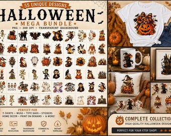 55 Vintage Halloween PNG Bundle, Retro Spooky Clipart (Digital Download)