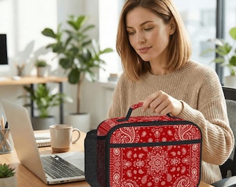 Red Paisley Insulated Lunch Tote Bag, Bandana Print Lunch Bag, Horizontal Reusable Cooler Bag, Work School Lunch Carrier