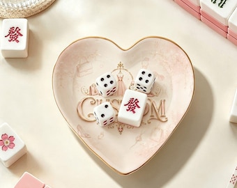 Personalized Heart Ceramic Mahjong Dice Tray, Custom Gold Rim Dice Holder, Heart Trinket Dish, Jewelry Tray, Game Night Gift