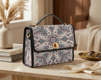 Paisley Canvas Satchel Crossbody Bag, Boho Floral Top Handle Purse, Vintage Shoulder Handbag Gift for Women