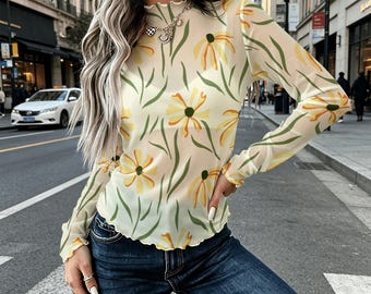 Daisy Floral Mesh High Neck Top, Women’s Sheer Long Sleeve Blouse, Yellow Flower Layering Shirt