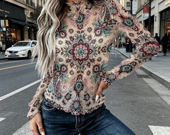 Paisley Mesh High Neck Top, Women’s Sheer Long Sleeve Blouse, Boho Floral Printed Shirt, Elegant Layering Top
