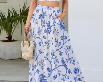 Toile de Jouy Blue Floral Maxi Skirt, Women’s Summer Chiffon Skirt, Elegant French Country Long Skirt