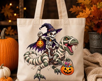 Halloween Skeleton Riding Mummy Dinosaur PNG, Spooky Trick-or-Treat Dino Art (Digital Download)