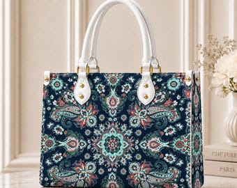 Boho Paisley PU Tote Bag for Women, Custom Floral Faux Leather Handbag, Travel Shoulder Bag Gift