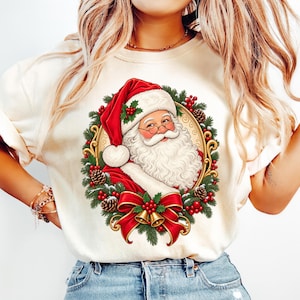 ビンテージサンタクロースPNG、クリスマスオーバルフレームシャツデザイン、レトロホリデーデジタルダウンロード