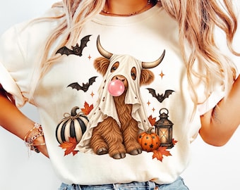 Halloween Highland Cow Ghost PNG, Bubblegum Sublimation Design, Digital Download