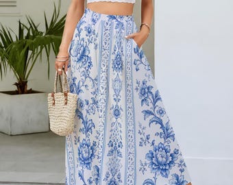 Toile de Jouy Blue Floral Maxi Skirt, Women's Lined Chiffon Skirt, Cottagecore Summer A-Line Skirt