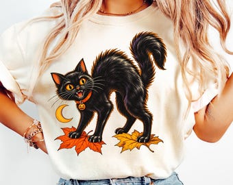Black Cat Halloween PNG, Spooky Black Cat PNG, Vintage Halloween Cat Clipart, Scared Cat Sublimation, Autumn Cat PNG, Digital Download