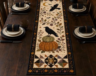 Raven Pumpkin Table Runner, Rustic Fall Dining Decor, 13x70 Inch Linen