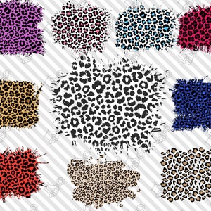 May include: A set of ten digital clipart images featuring various leopard print patterns in different colors, including pink, blue, red, black, and brown. The patterns are distressed and have a torn edge effect.