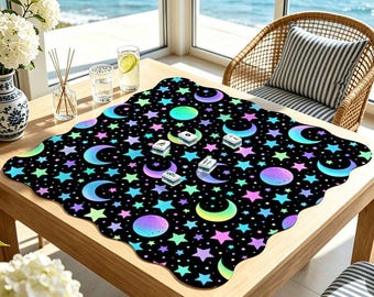 Celestial Scalloped Mahjong Mat, Moon and Stars Non-Slip Polyester Table Cover