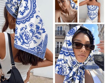 Blue Porcelain Floral Square Bandana, Chinoiserie Style Hair Scarf, Blue White Head Scarf, Elegant Neck Scarf Gift for Her