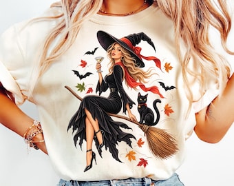 Glam Witch on Broom PNG, Black Cat, Bats, Autumn Leaves (Digital Download)