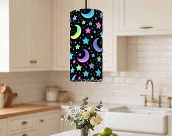 Colorful Moon Stars Black Ceiling Pendant Light, Celestial Nursery Lamp (TC Cotton Fabric)