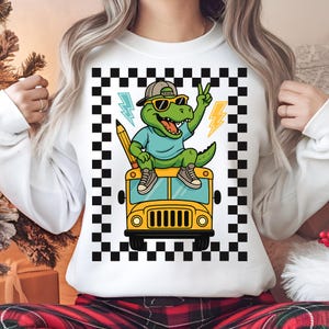 Back to School Dinosaur PNG – Cool T-Rex on School Bus Clipart, Boys First Day of School Shirt Design, Trendy Kids Sublimation Graphic