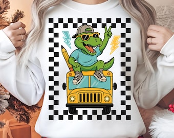 Terug naar school dinosaurus PNG – coole T-Rex op schoolbus clipart, jongens First Day of School shirtontwerp, trendy sublimatieafbeelding voor kinderen