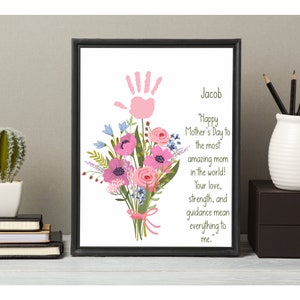 Mother's day craft handprint art birthday activity floral bouquet grandma flower DIY kids children toddler baby printable keepsake