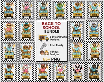 Bundel met terug-naar-schooldieren – 65+ png | Eerste schooldag ontwerpen voor jongens en meisjes | Schattige dieren schoolbus clipart | Gereed voor afdrukken