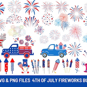 May include: A set of 40 SVG and PNG files featuring red, white, and blue fireworks, stars, and trucks. The files are perfect for creating 4th of July themed crafts and designs.