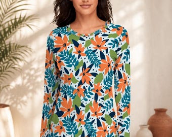 Tropical Floral Long Sleeve Sun Shirt, Women’s Lightweight Beach Shirt, Orange Blue Floral Rash Guard Top