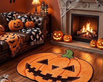 May include: A large, round, orange plush rug shaped like a jack-o'-lantern with a green stem, triangular eyes, and a wide, jagged black mouth. The rug features a soft, textured surface and is placed on a wooden floor in a room decorated for Halloween.