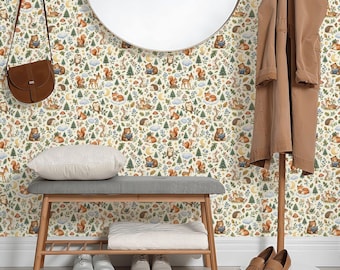 Woodland Animals Reading Wallpaper, Storybook Forest Nursery Peel and Stick Wall Covering