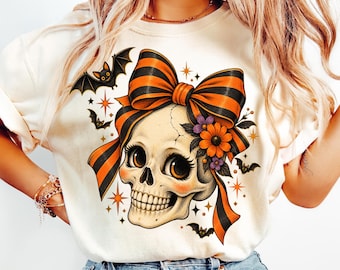 Halloween Skull with Orange Bow PNG, Floral Sublimation Design, Digital Download