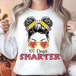 100 Days Smarter Girls Messy Bun Hair 100th Day Of School Digital PNG 100 Days Of School PNG, Happy 100 Days Of School Girl Boy