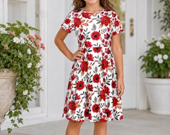 Girls Red Floral Short Sleeve Skater Dress, Kids Summer Flower Dress, Birthday Party Outfit, Cute Holiday Dress