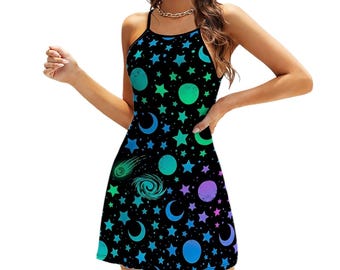 Moon and Stars Mini Dress, Women’s Celestial Spaghetti Strap Sundress, Galaxy Vacation Party Dress