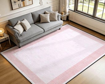 Blush Pink Striped Area Rug, Modern Minimalist Polyester Floor Carpet (Non-Slip)