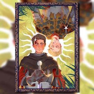May include: A rectangular art print featuring two figures in medieval-style armor. One figure with dark hair stands upright holding a sword, while the other figure with blonde hair is positioned upside down above them, both framed by a sunburst.