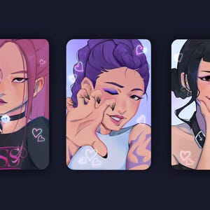 May include: Three portrait illustrations of women with different hairstyles and expressions. Each portrait is framed with a soft purple background and adorned with floating heart shapes. The women are depicted in a stylized, artistic manner.