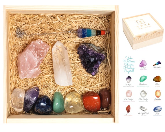 Healing Chakra Crystals Set, Crystal Starter Kit, and Beginner Crystal Set for Energy  -  Gift Kit, Poster & Instructions