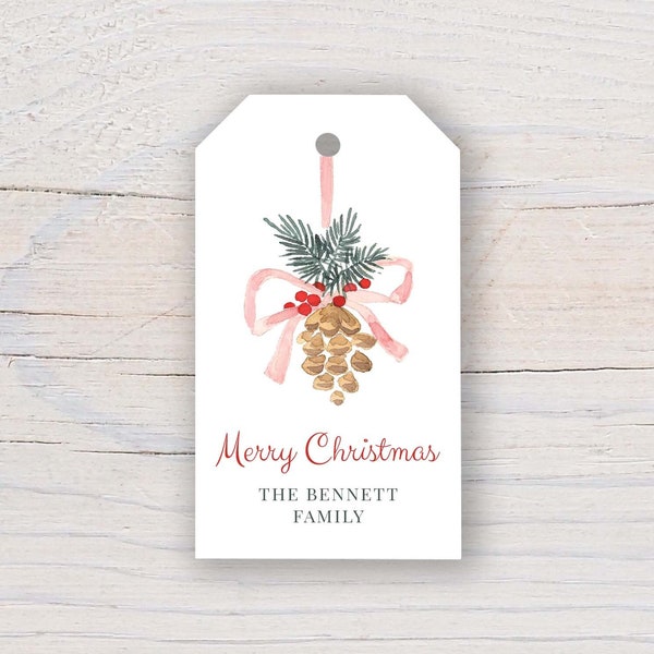 Personalized 2 x 3.5 inch Watercolor Pinecone Gift Tags | Custom Gift Tags