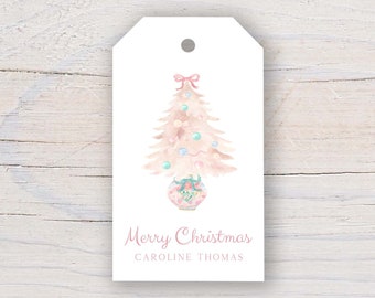 Personalized 2 x 3.5 inch Pink Watercolor Christmas Tree Gift Tags | Custom Gift Tags
