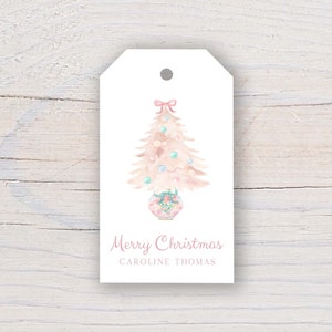 Personalized 2 x 3.5 inch Pink Watercolor Christmas Tree Gift Tags | Custom Gift Tags