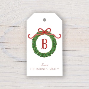 Personalized 2 x 3.5 inch Watercolor Christmas Monogram Wreath Gift Tags | Custom Gift Tags